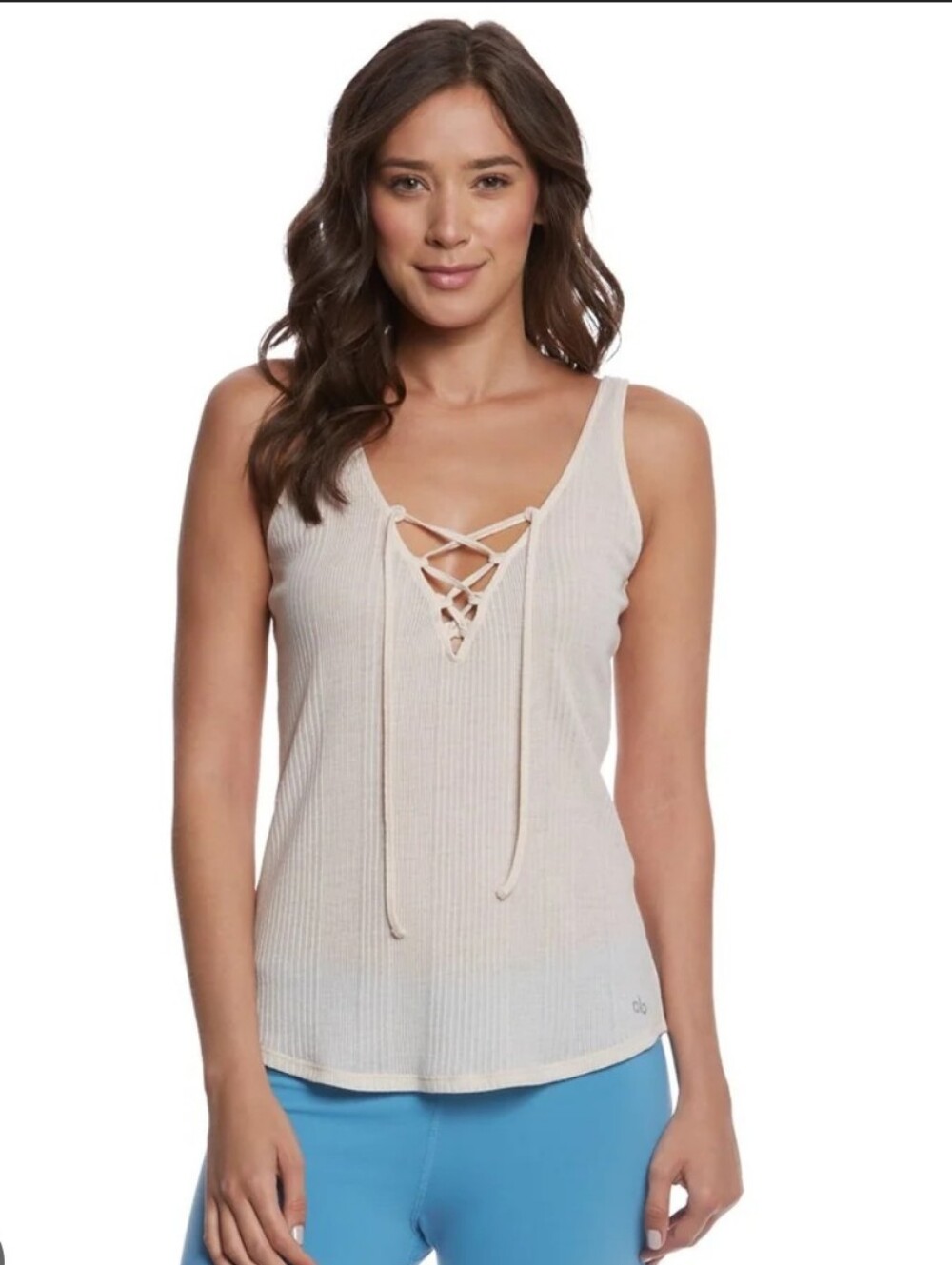 EUC ALO Yoga Lace-Up Ribbed Tank Top in Light Cream